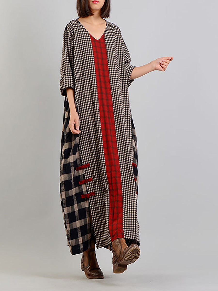 Plus Size Plaid V Neck Retro Cotton Linen Dress