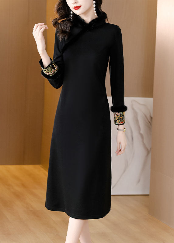 Dinner Black Stand Collar Warm Fleece Mink Hair Maxi Dress Long Sleeve