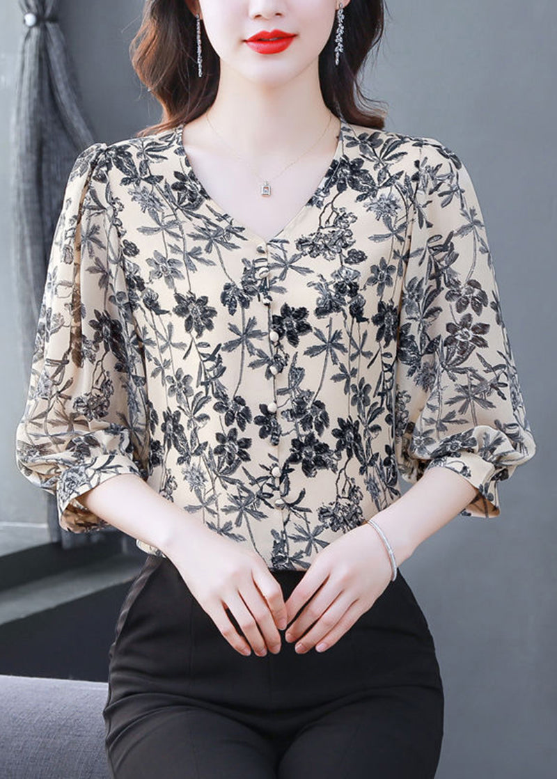 Diy Apricot V Neck Print Chiffon Blouse Top Half Sleeve