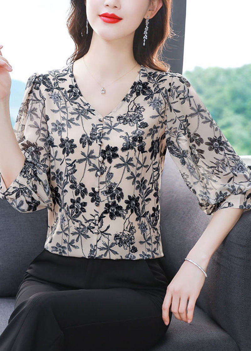 Diy Apricot V Neck Print Chiffon Blouse Top Half Sleeve