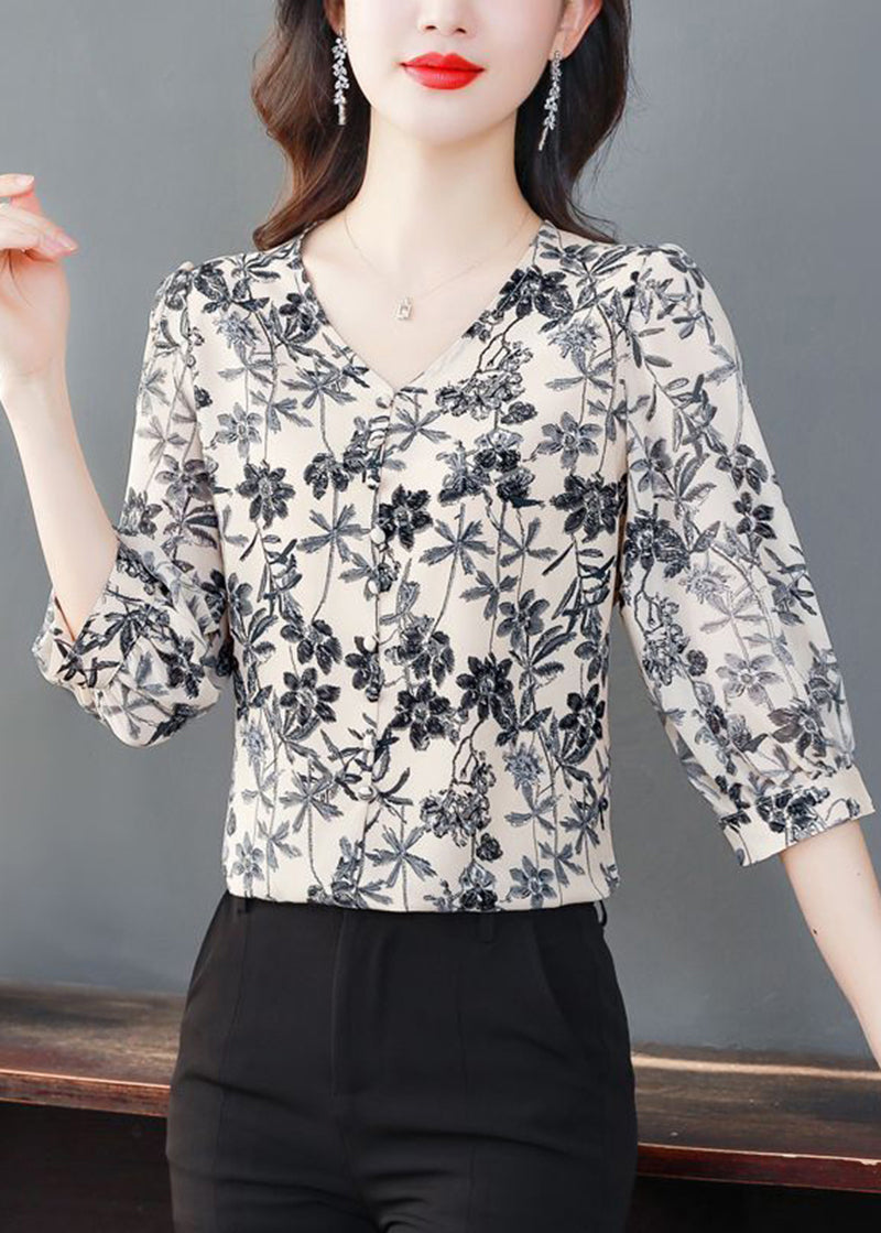 Diy Apricot V Neck Print Chiffon Blouse Top Half Sleeve