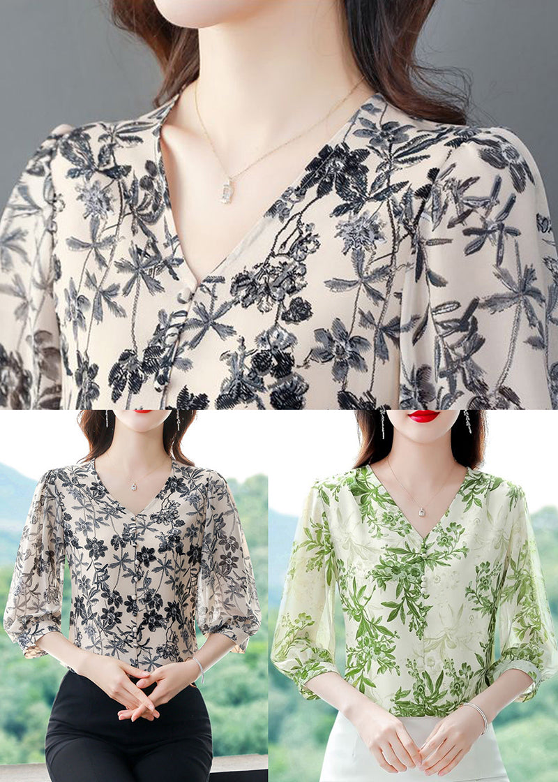 Diy Apricot V Neck Print Chiffon Blouse Top Half Sleeve