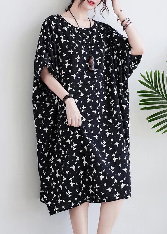 Diy Black Butterfly Print Batwing Sleeve Summer Cotton Dress - Omychic