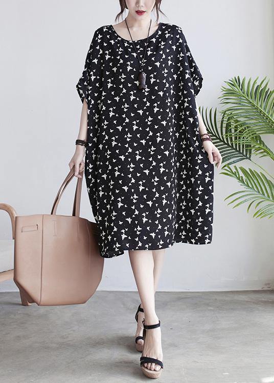 Diy Black Butterfly Print Batwing Sleeve Summer Cotton Dress - Omychic