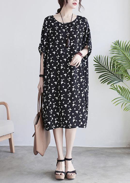 Diy Black Butterfly Print Batwing Sleeve Summer Cotton Dress - Omychic
