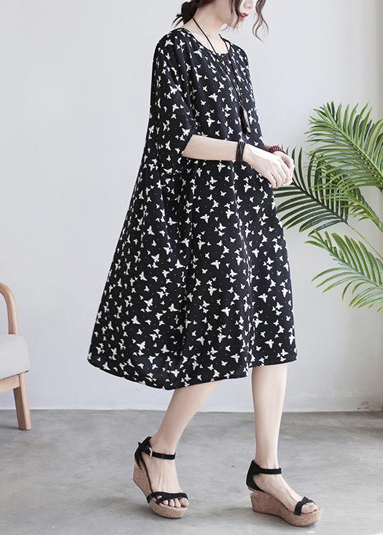 Diy Black Butterfly Print Batwing Sleeve Summer Cotton Dress - Omychic