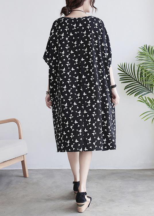 Diy Black Butterfly Print Batwing Sleeve Summer Cotton Dress - Omychic