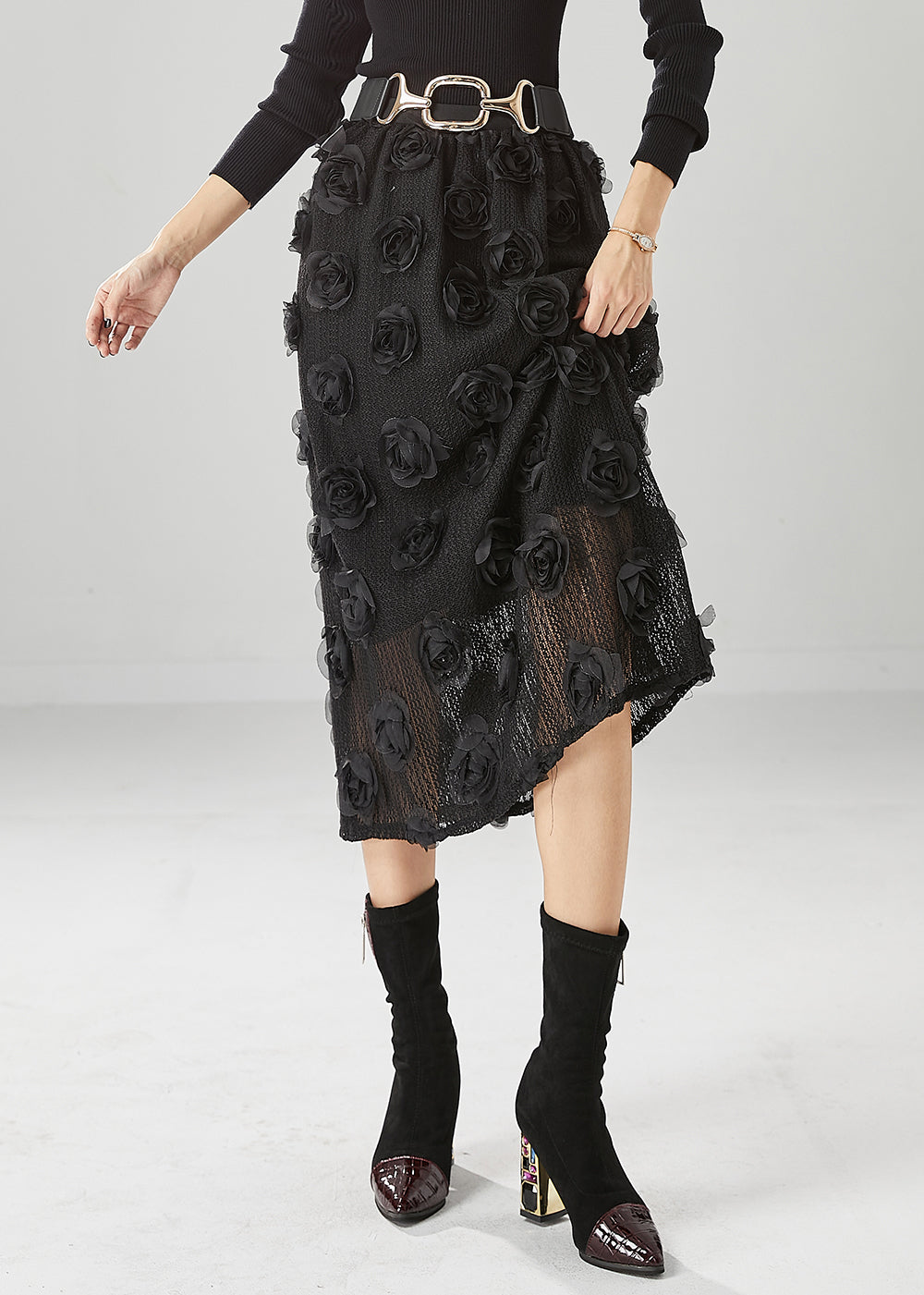 Diy Black High Waist Three-dimensional Floral Knit Skirt Fall