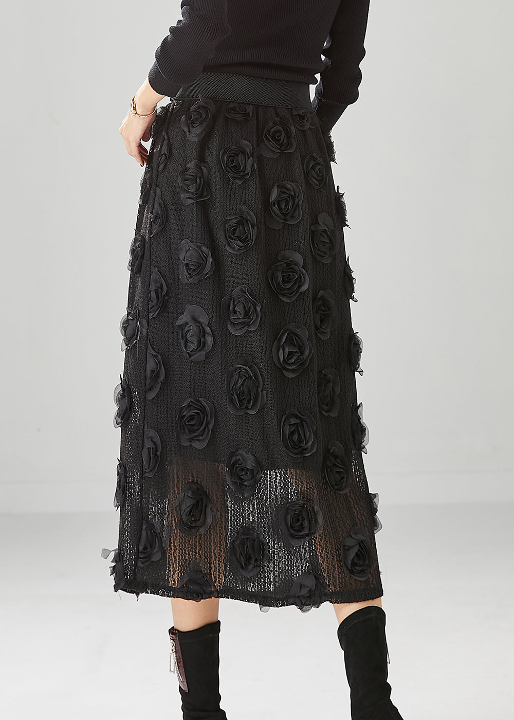 Diy Black High Waist Three-dimensional Floral Knit Skirt Fall