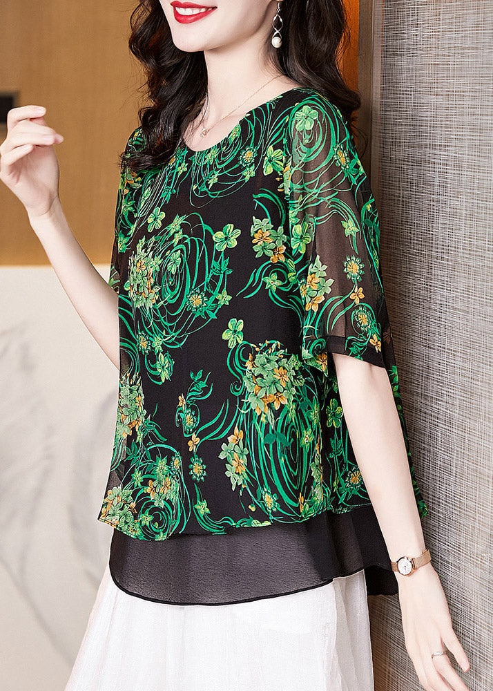 Diy Black O-Neck Print Layered Chiffon Top Short Sleeve