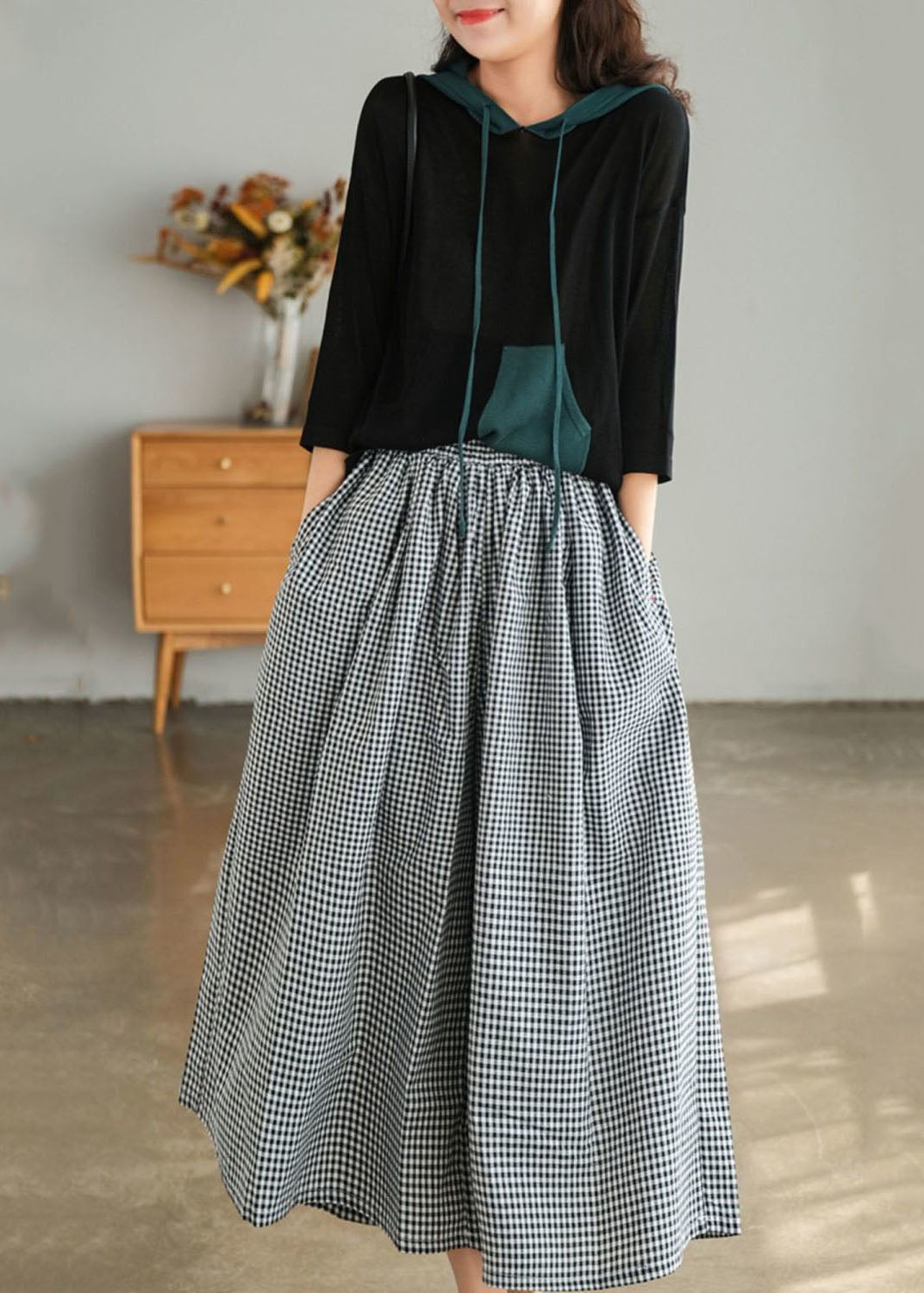 Diy Black Oversized Plaid Pockets Cotton Pants Skirt Summer