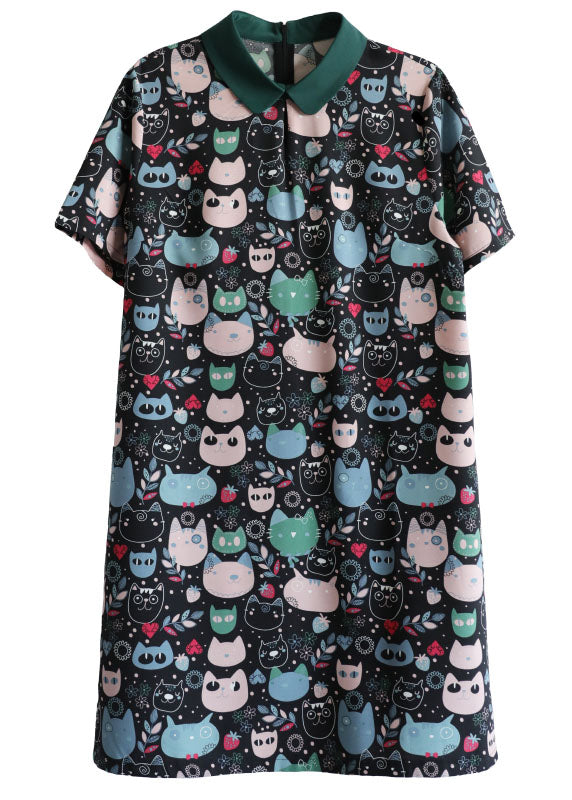 Diy Black Peter Pan Collar Zippered Cat Print Chiffon Mid Dress Short Sleeve