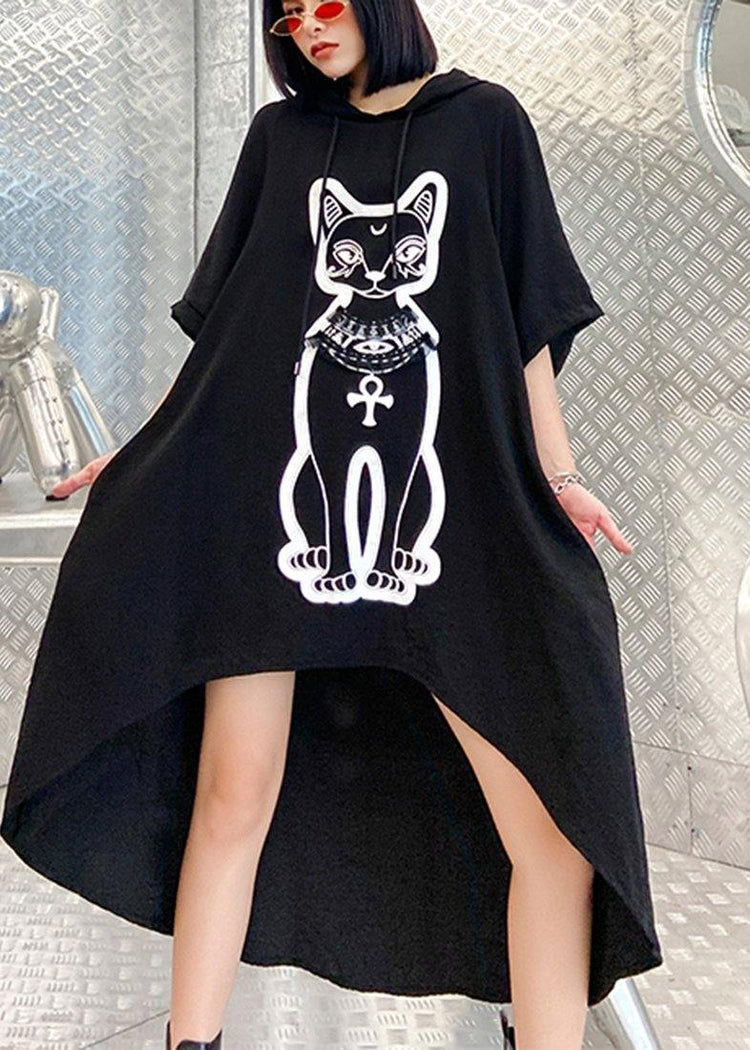 Diy Black Print Low High Design Hooded Ankle Dress Summer - Omychic