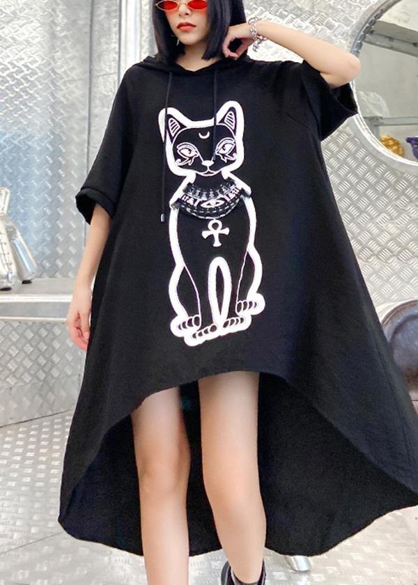 Diy Black Print Low High Design Hooded Ankle Dress Summer - Omychic