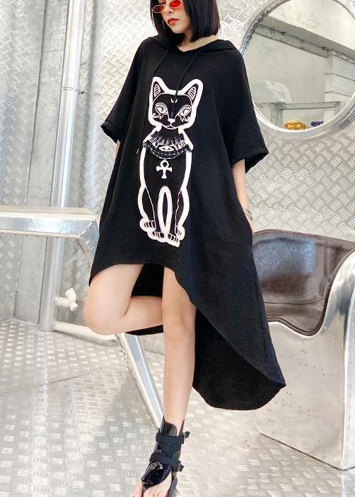 Diy Black Print Low High Design Hooded Ankle Dress Summer - Omychic