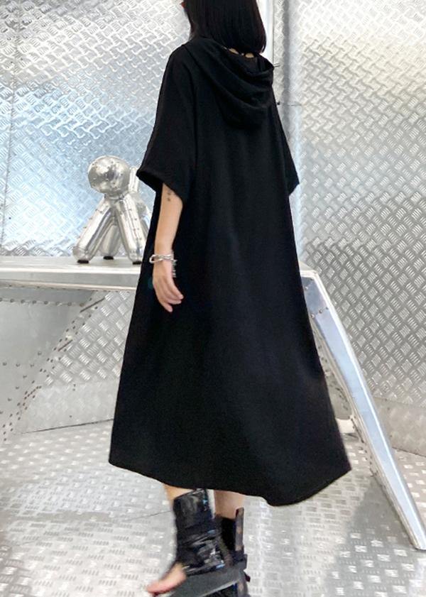 Diy Black Print Low High Design Hooded Ankle Dress Summer - Omychic