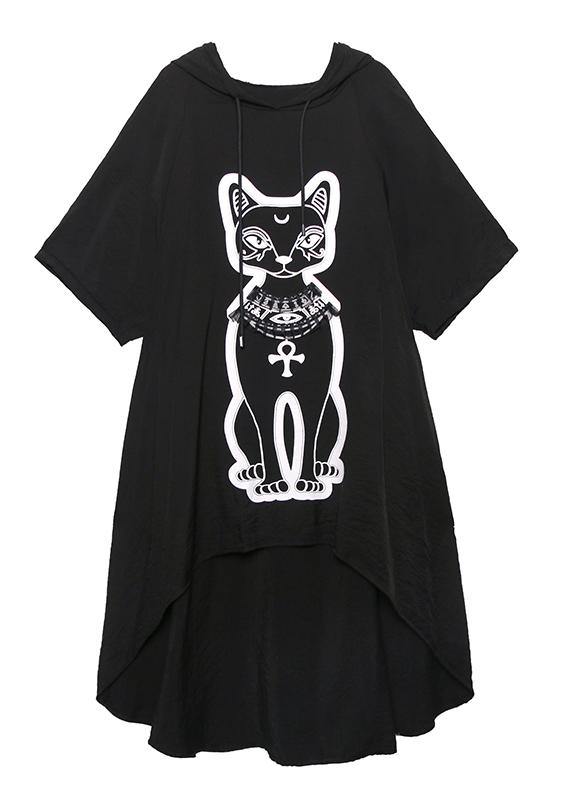 Diy Black Print Low High Design Hooded Ankle Dress Summer - Omychic