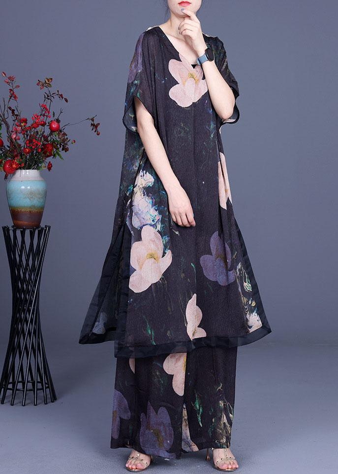 Diy Black Print Silk Side Open Wide Leg Two Pieces Set - Omychic