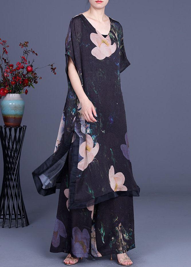 Diy Black Print Silk Side Open Wide Leg Two Pieces Set - Omychic