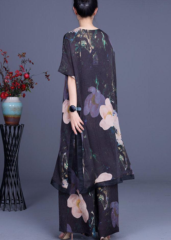 Diy Black Print Silk Side Open Wide Leg Two Pieces Set - Omychic