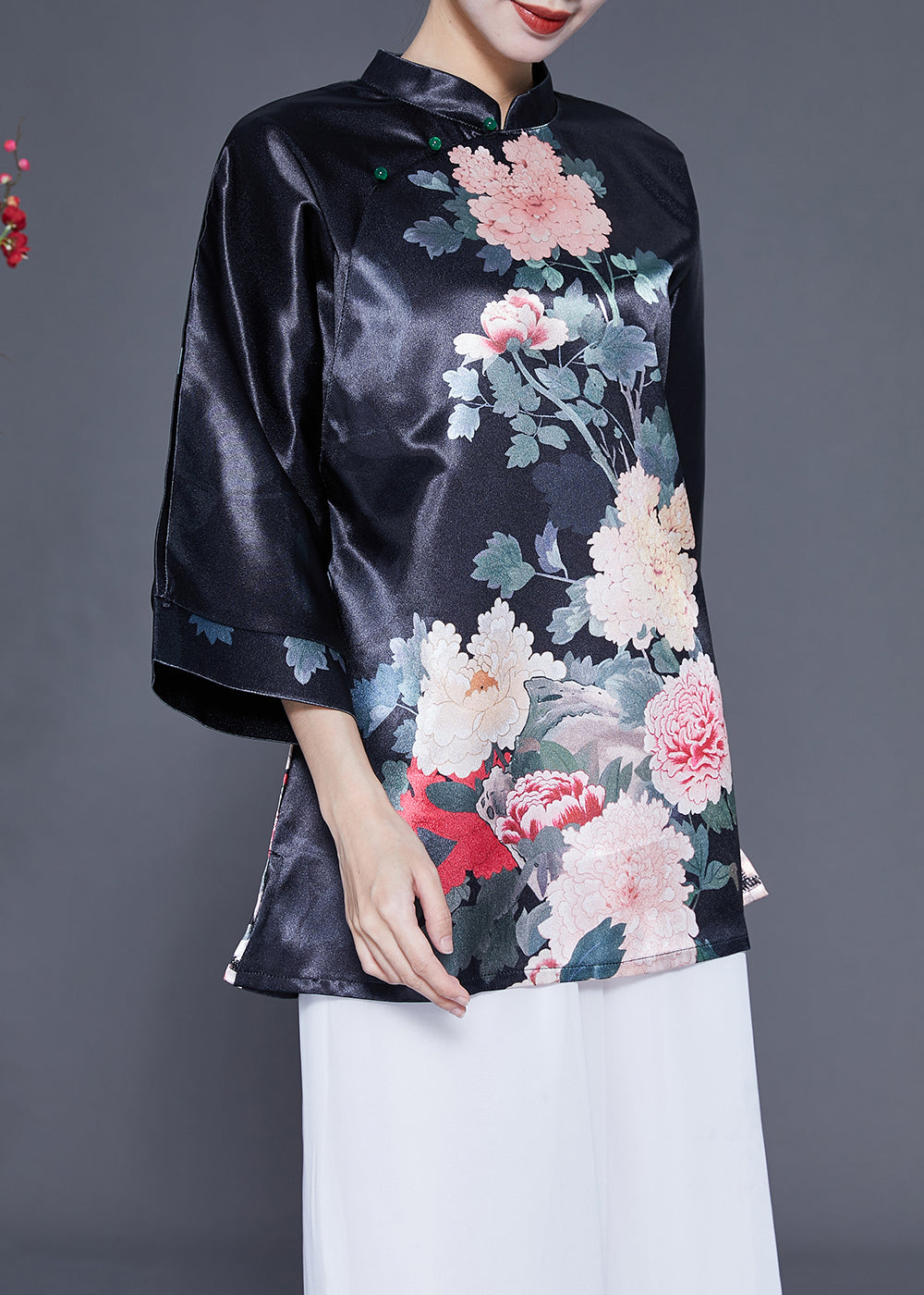 Diy Black Stand Collar Print Side Open Silk Shirt Bracelet Sleeve