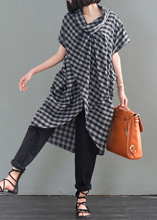 Diy Black Turtle Neck Asymmetrica Plaid Cotton Long Shirts Fall