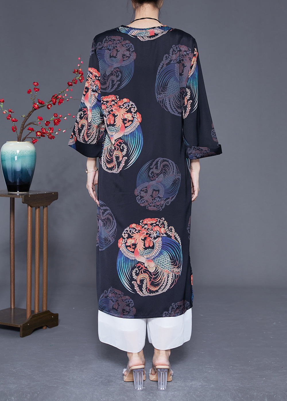 Diy Black V Neck Print Side Open Silk Dresses Bracelet Sleeve