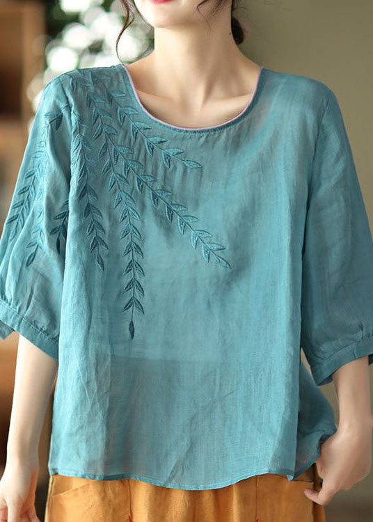 Diy Blue Embroideried Patchwork Cotton T Shirt Summer