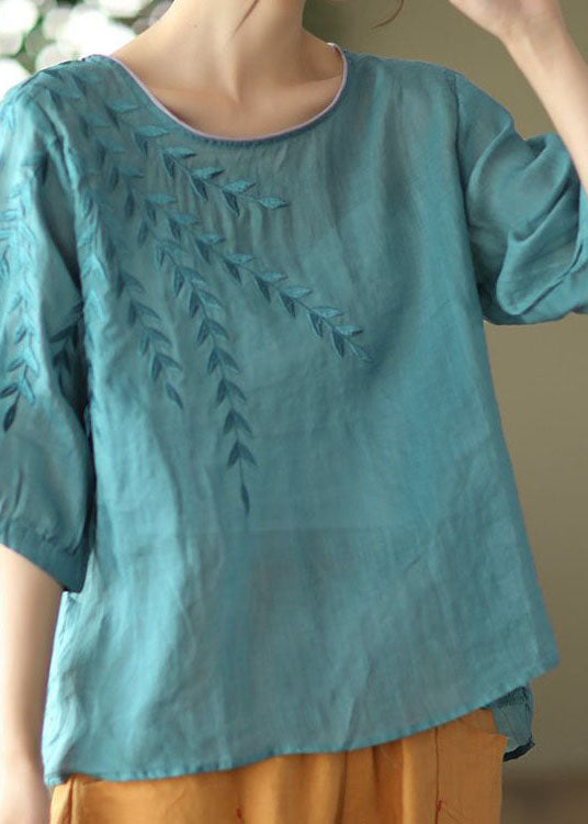 Diy Blue Embroideried Patchwork Cotton T Shirt Summer