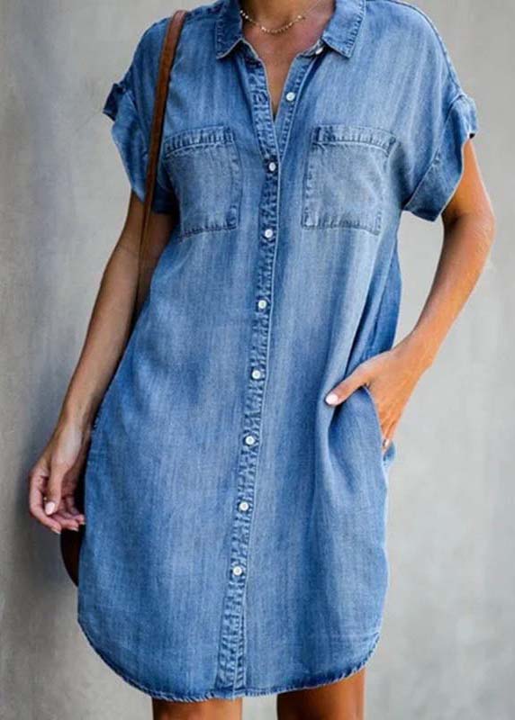 Diy Blue Peter Pan Collar Pockets Denim Shirt Dress Summer - Omychic