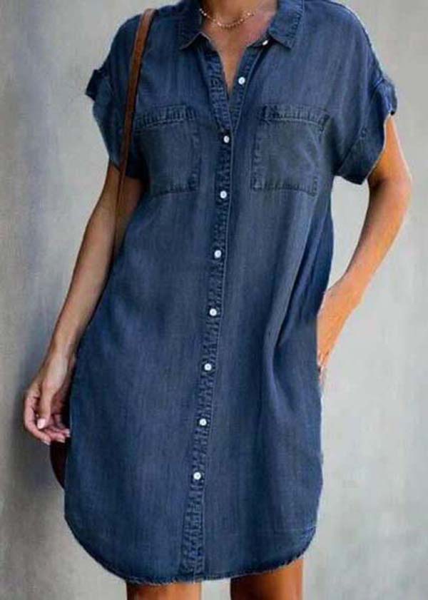 Diy Blue Peter Pan Collar Pockets Denim Shirt Dress Summer - Omychic