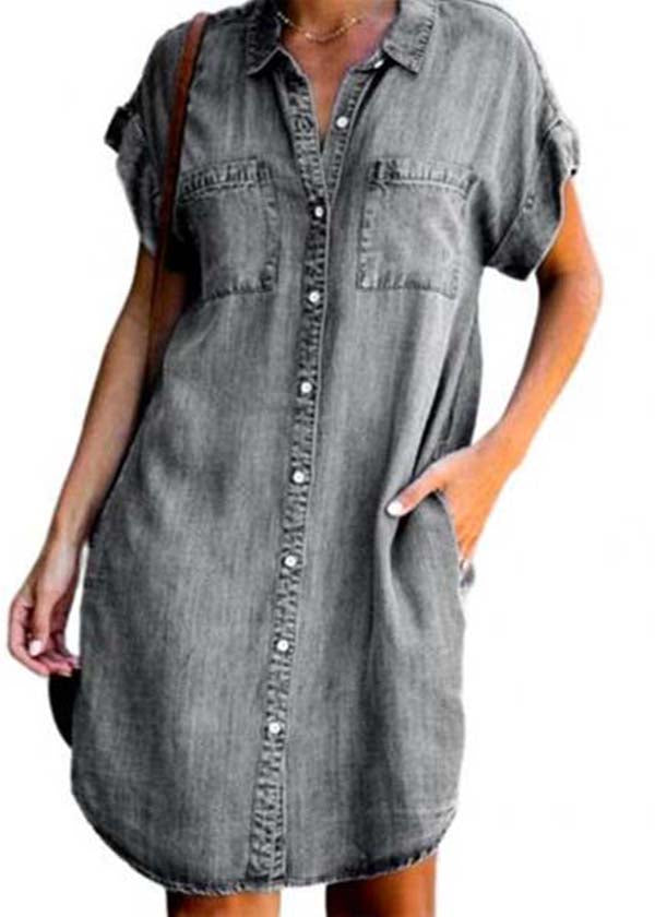 Diy Blue Peter Pan Collar Pockets Denim Shirt Dress Summer - Omychic