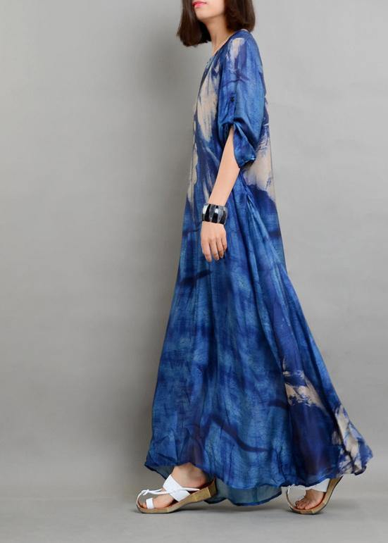 Diy Blue Print Half Sleeve Two Pieces Set Summer Chiffon Dress - Omychic