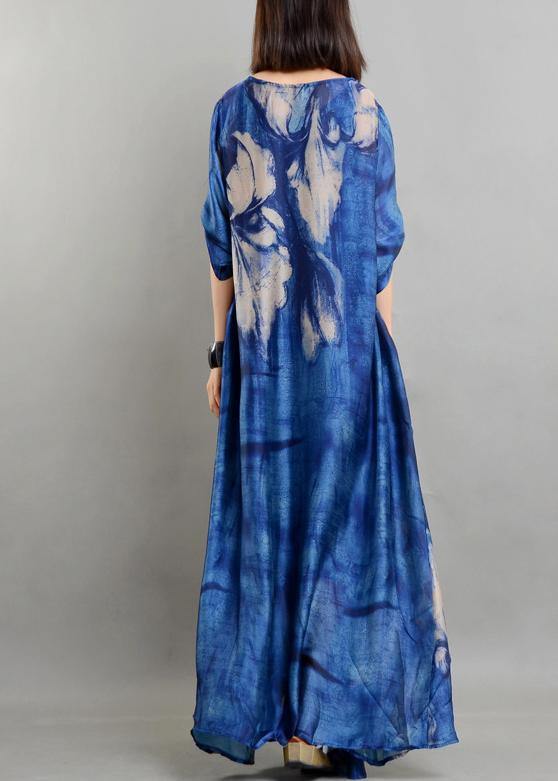 Diy Blue Print Half Sleeve Two Pieces Set Summer Chiffon Dress - Omychic