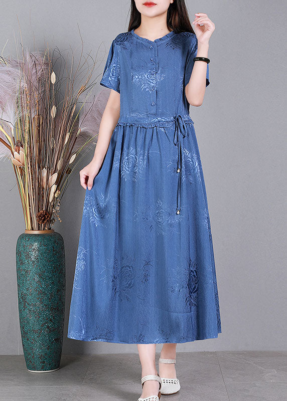 Diy Blue Ruffled Tie Waist Jacquard Silk Long Dress Short Sleeve