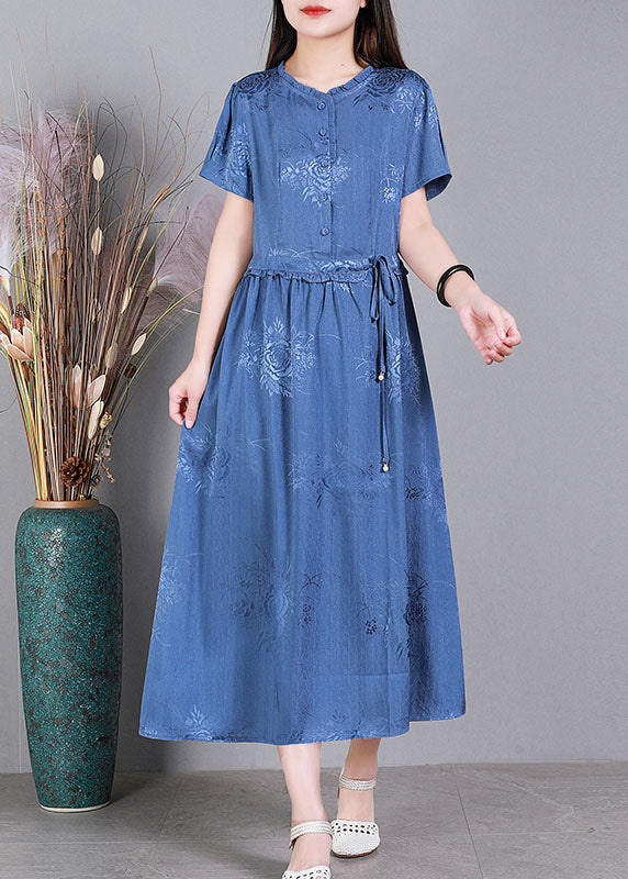 Diy Blue Ruffled Tie Waist Jacquard Silk Long Dress Short Sleeve