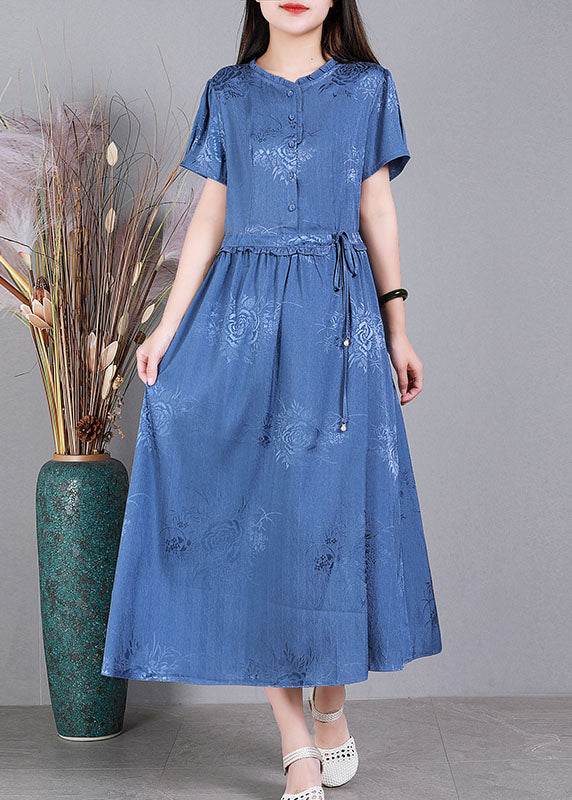 Diy Blue Ruffled Tie Waist Jacquard Silk Long Dress Short Sleeve