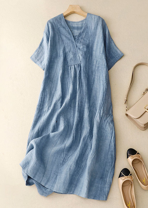 Diy Blue V Neck Wrinkled Patchwork Linen Mid Dress Summer