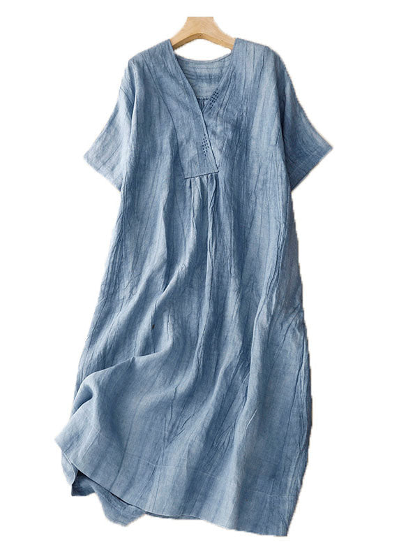 Diy Blue V Neck Wrinkled Patchwork Linen Mid Dress Summer