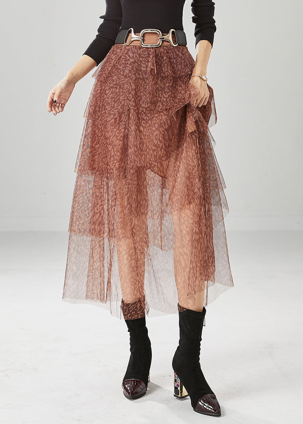 Diy Brick Red Layered Design Print Tulle Skirt Summer