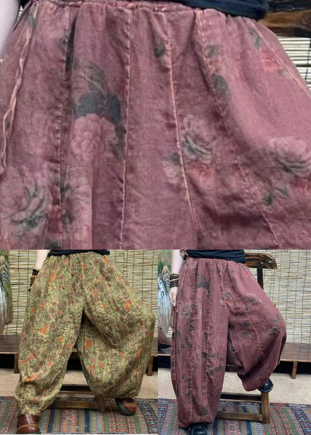 Diy Brick Red Pockets Print Patchwork Linen Lantern  Pants Summer