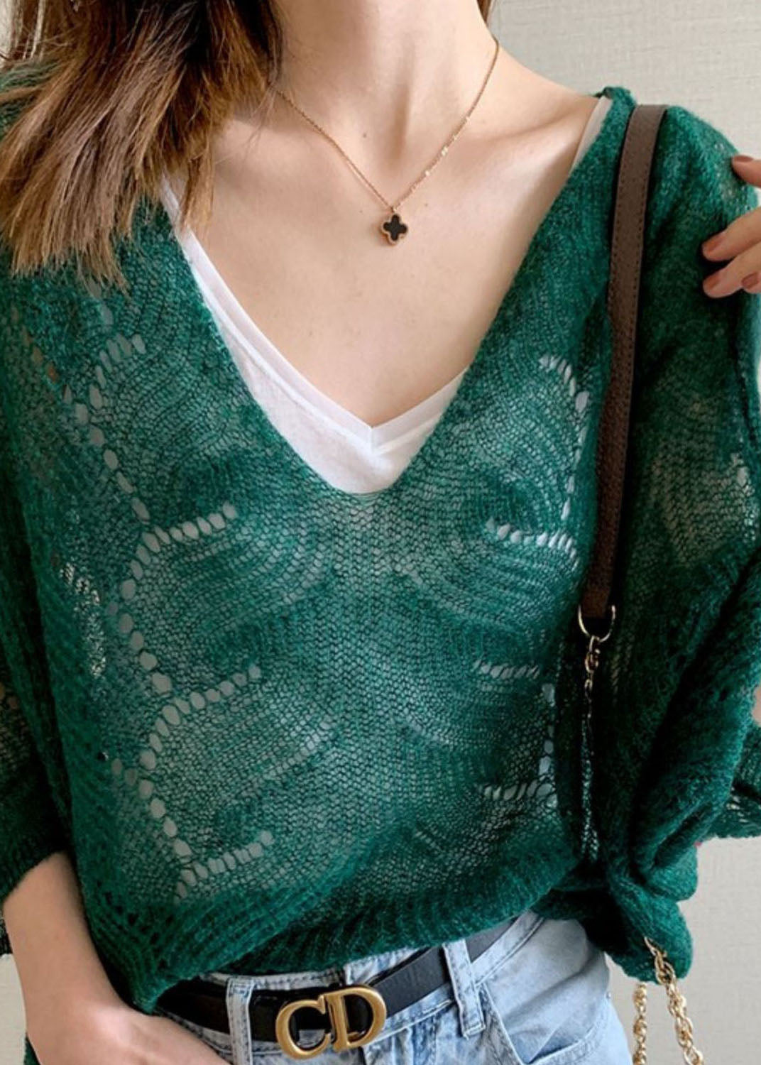 Diy Green V Neck Hollow Out Patchwork Knit Tops Spring
