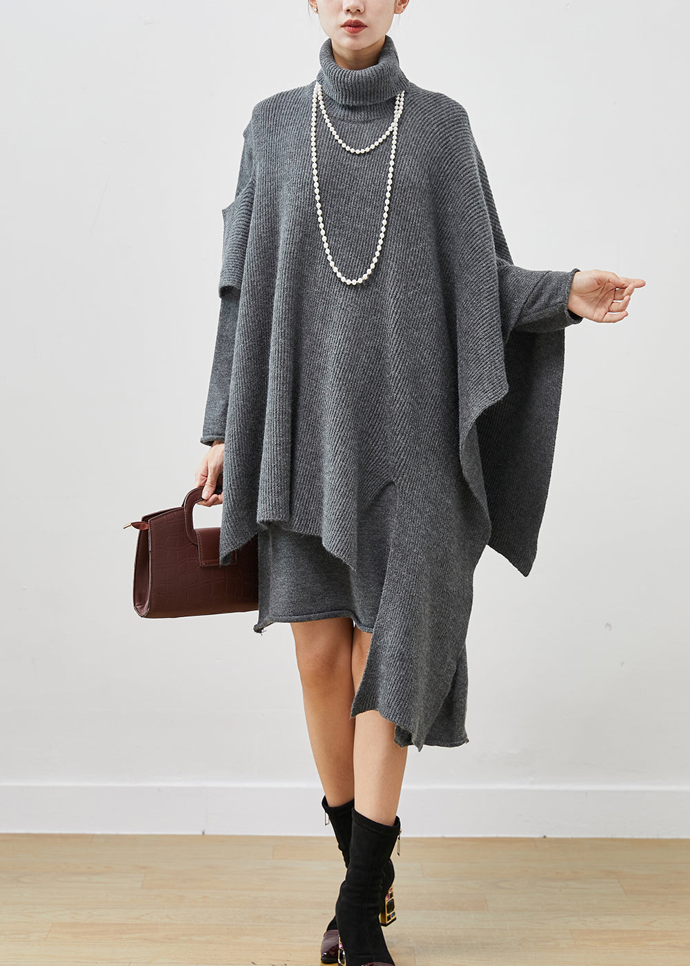 Diy Grey High Neck Asymmetrical Knit Dress Two Piece Suit Set Spring