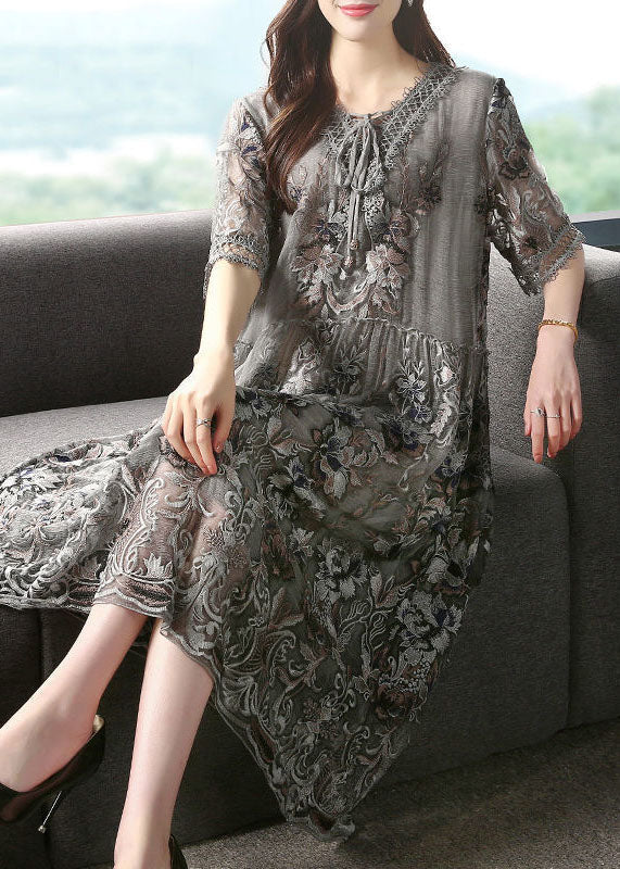 Diy Grey V Neck Embroideried Patchwork Silk Mid Dresses Summer