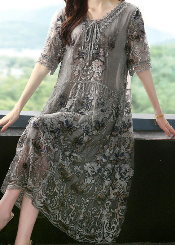 Diy Grey V Neck Embroideried Patchwork Silk Mid Dresses Summer