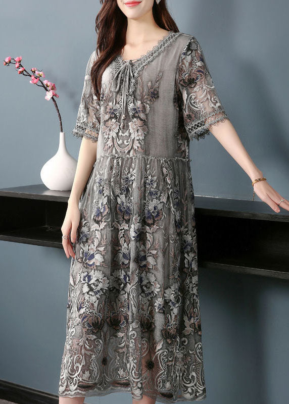 Diy Grey V Neck Embroideried Patchwork Silk Mid Dresses Summer