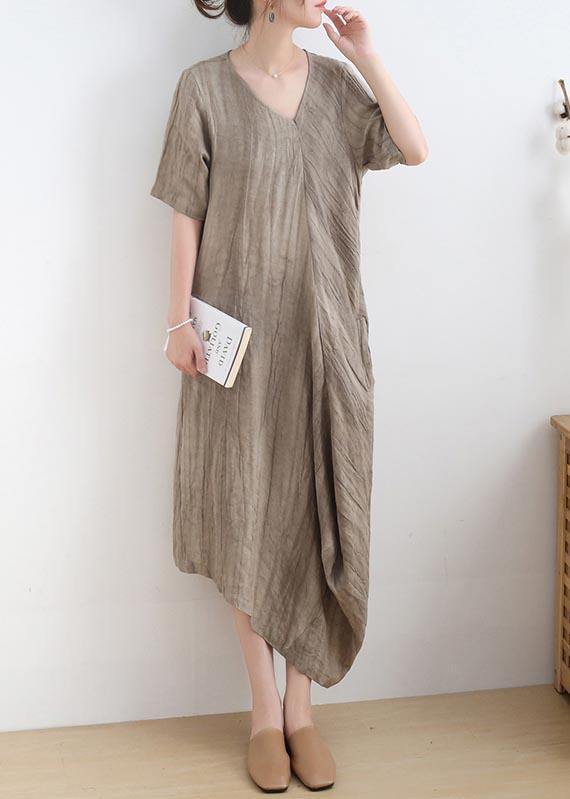 Diy Khaki asymmetrical design V Neck Long Summer Linen Dress - Omychic