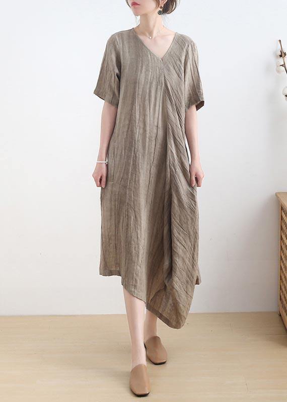 Diy Khaki asymmetrical design V Neck Long Summer Linen Dress - Omychic