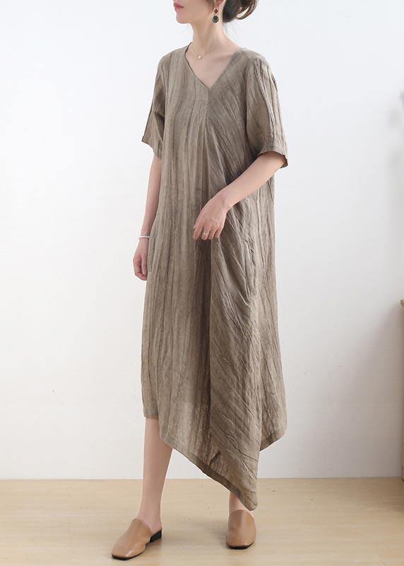 Diy Khaki asymmetrical design V Neck Long Summer Linen Dress - Omychic