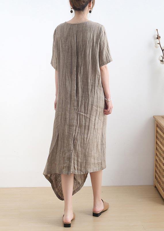 Diy Khaki asymmetrical design V Neck Long Summer Linen Dress - Omychic